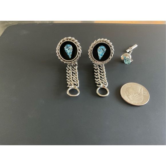 Aquamarine Tone Silver-Toned Chainlink Bold Cufflinks and Tie Pin - Picture 4 of 4
